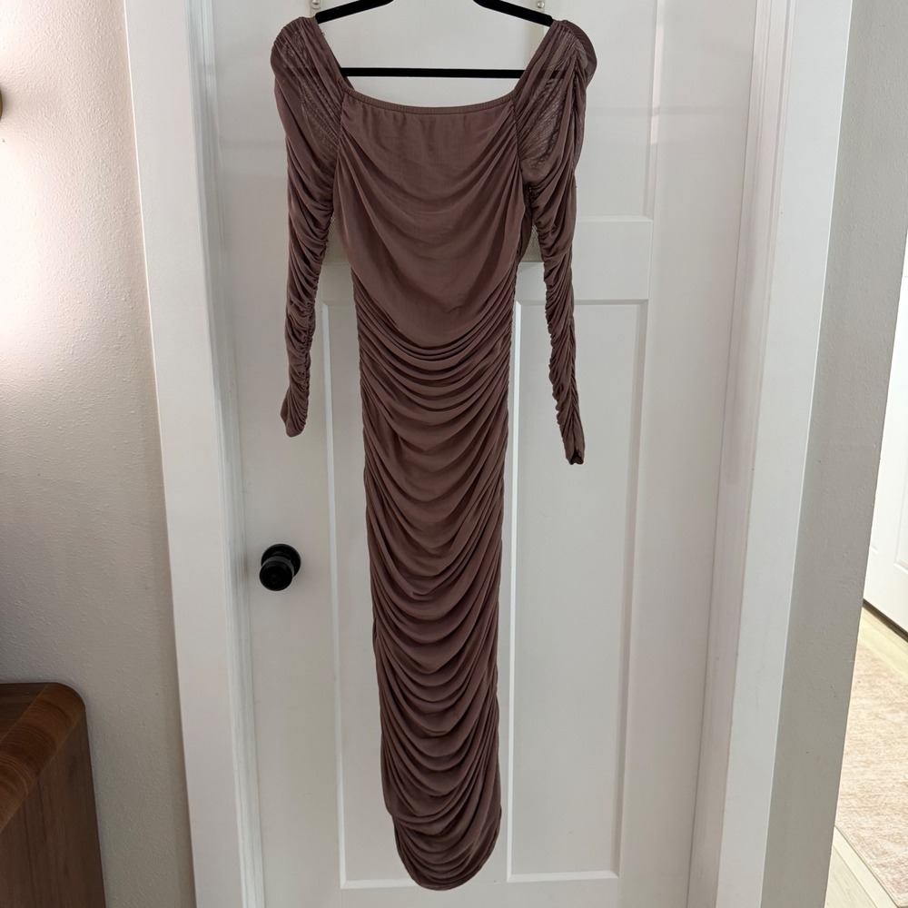 Caroline Constas Tara Dress Mauve Brown Ruched Mesh Off Shoulder Midi Dress M‎